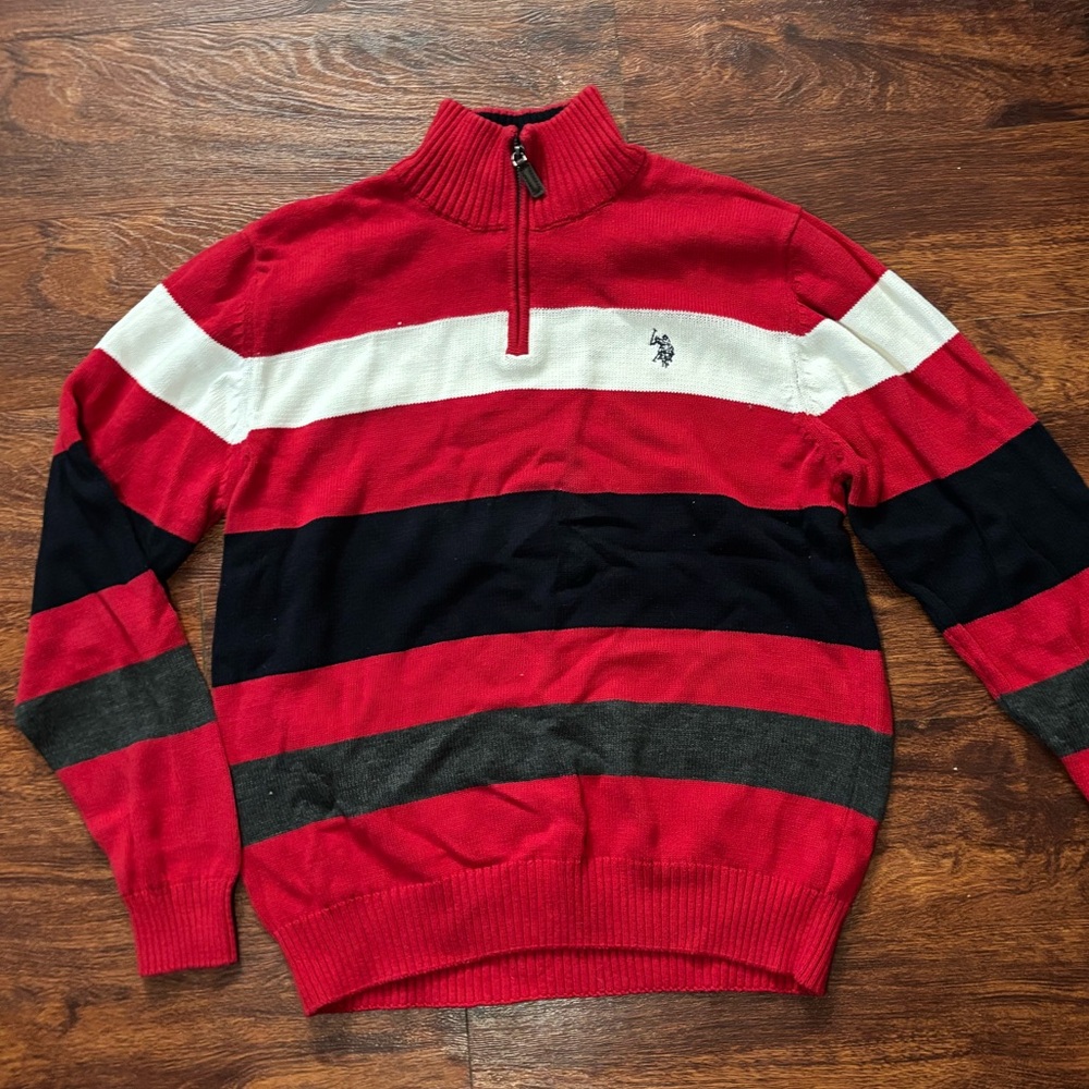 U.S. Polo Assn. Striped Knit Red Black White Zip Up Sweater Cozy - Picture 1 of 7